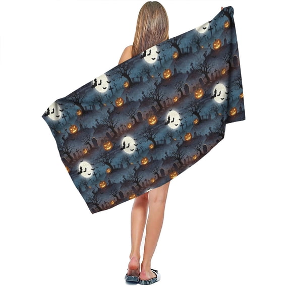 Halloween Tomb Pumpkin Blue Pattern Microfiber Bath Towel, Absorbent ...