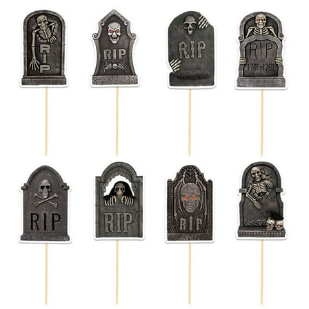 Halloween Tombstone Cake Toppers - 8-Piece Spooky Graveyard Cupcake Decoration Set with Pre-attached Picks, Dark Gray Paper Inserts for Halloween Party Desserts & Themed Treats