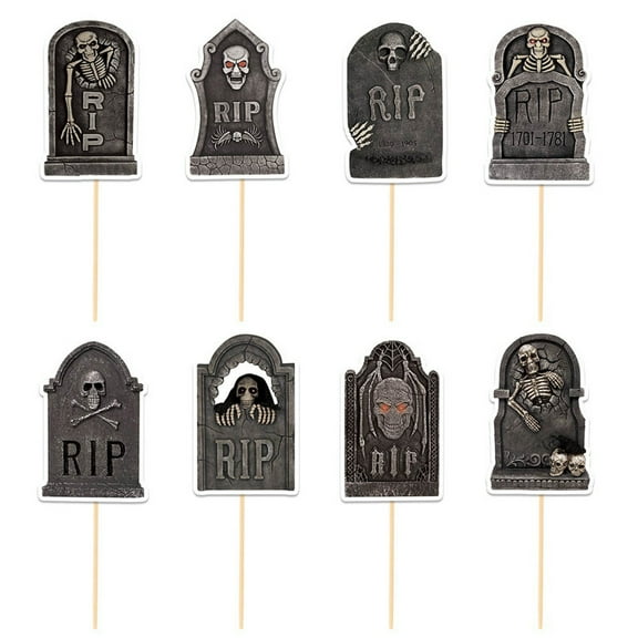 Halloween Tombstone Cake Toppers - 8-Piece Spooky Graveyard Cupcake Decoration Set with Pre-attached Picks, Dark Gray Paper Inserts for Halloween Party Desserts & Themed Treats
