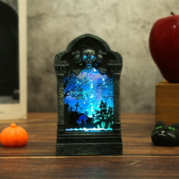 Halloween Tombstone Snow Globe Lighted Lantern Battery Operated Decorative Lamp with Glitter for Halloween Party Decoration