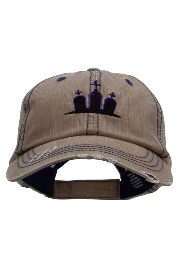 Halloween Tombstones Embroidered Low Profile Special Cotton Mesh Cap - Khaki OSFM