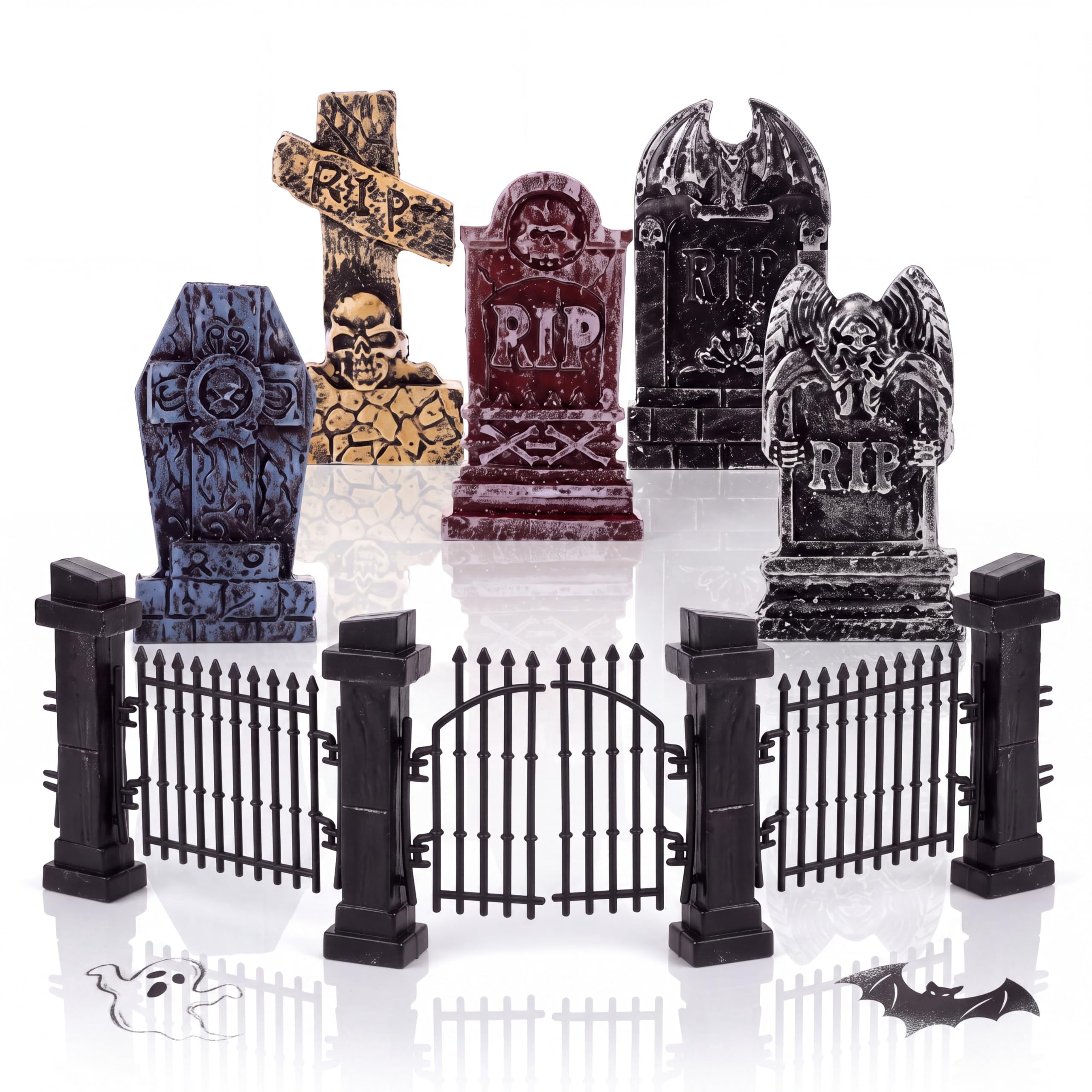 Halloween Tombstones Graveyard Set with Fence 7 Piece Resin Decor ...