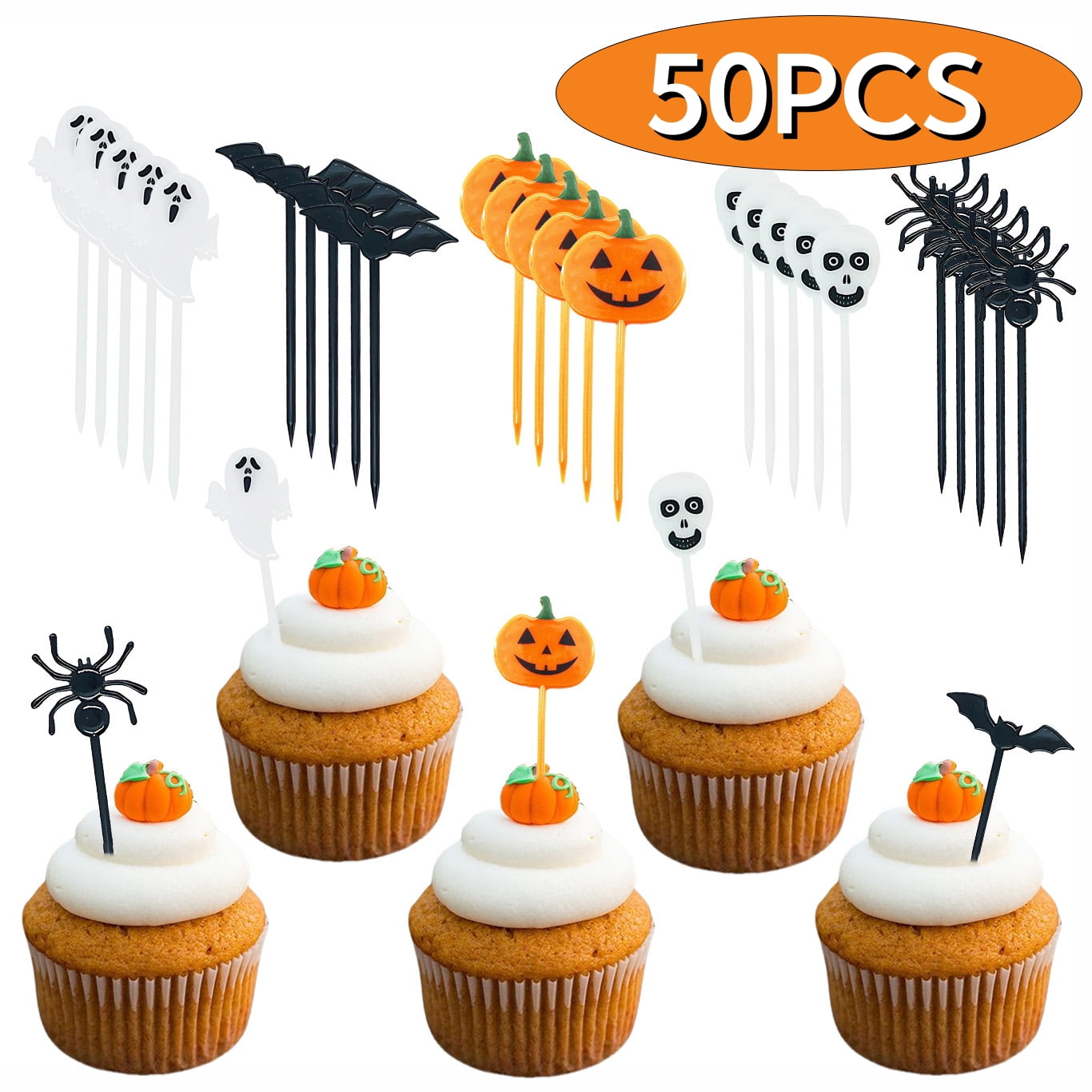 Halloween Cupcake Picks Cake Toppers Plastic Halloween Toothpicks Decoration for Halloween Birthday Party Favors 50PCS
