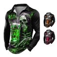 thumbnail image 1 of Halloween Top for Men Shirts with Graphic Skeleton Tee Long Sleeve 3D Designer Casual Outdoor Daily Sports Fall Lapel Collar Zipper Shirt for Everyday wear Green M, 1 of 4