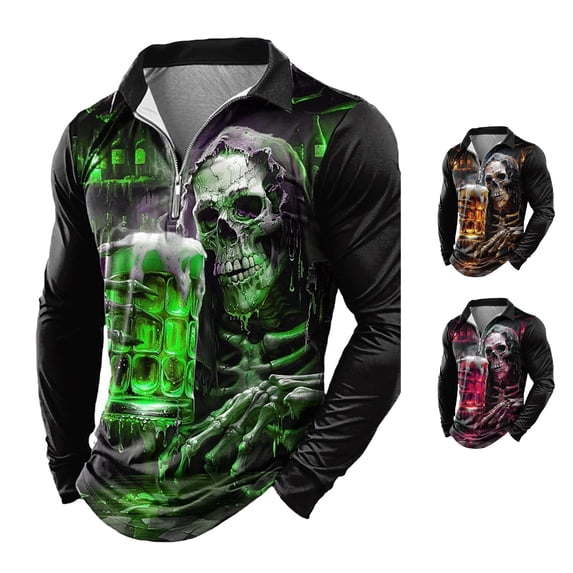 Halloween Top for Men Shirts with Graphic Skeleton Tee Long Sleeve 3D Designer Casual Outdoor Daily Sports Fall Lapel Collar Zipper Shirt for Everyday wear Green M