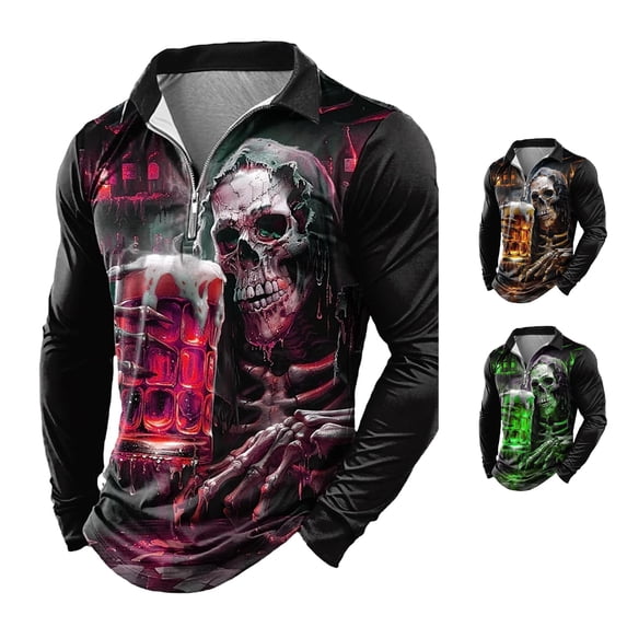 Halloween Top for Men Shirts with Graphic Skeleton Tee Long Sleeve 3D Designer Casual Outdoor Daily Sports Fall Lapel Collar Zipper Shirt for Everyday wear Red XL