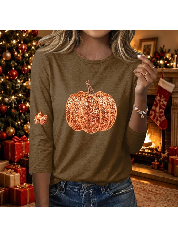 Halloween Tops For Women Graphic Sequin Fall Pumpkin,Crewneck,Loose Thanksgiving Autumn Pullover Top Brown XXXL