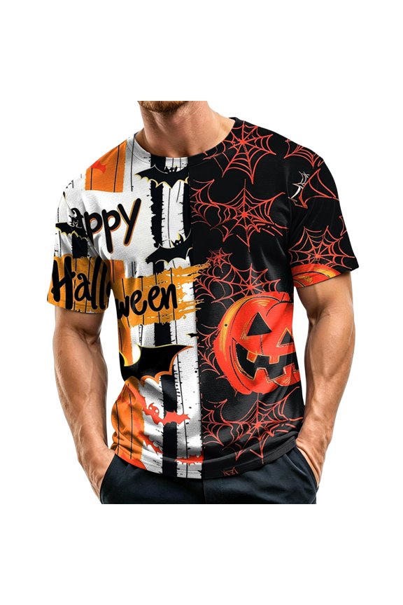 Halloween Tops for Men Eerie Pumpkin All-Over Print Crew Neck Short Sleeve T-Shirt Regular Fit Costume Flowy Daily Casual T-Shirts,S,Yellow