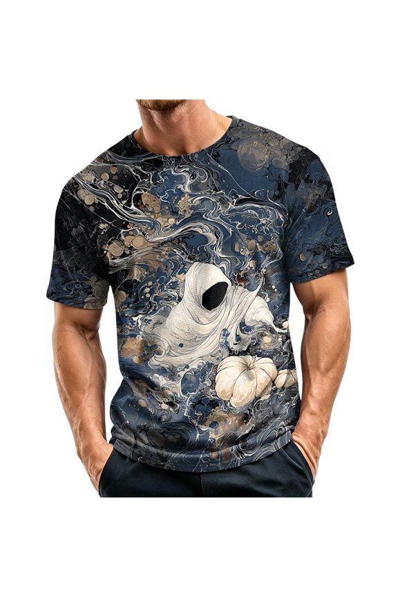 Halloween Tops for Men Retro Bat 3d Printed Short Sleeve Crew Neck Tees Classic Fit Gift Stretchy Casual Daily T-Shirts,XL,Blue