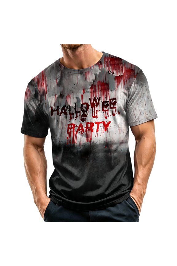 Halloween Tops for Men Vintage Jack-O'-Lantern 3d Printed Crew Neck Short Sleeve Blouse Regular Fit Party Stretchy Casual Daily Tops,L,Light Gray