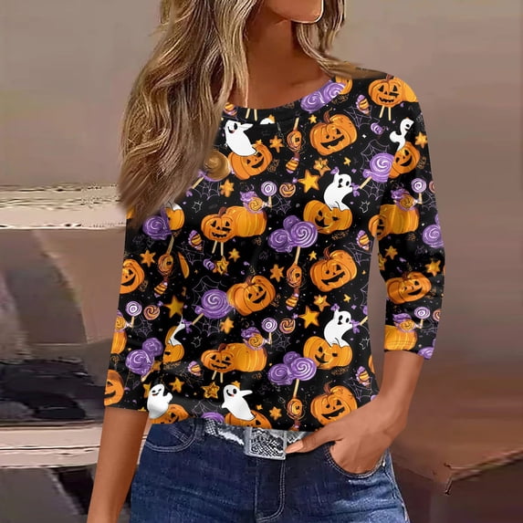 Halloween Tops for Women 3/4 Sleeve Pumpkin Cat Print Crew Neck Loose Fit Blouse Party Wear