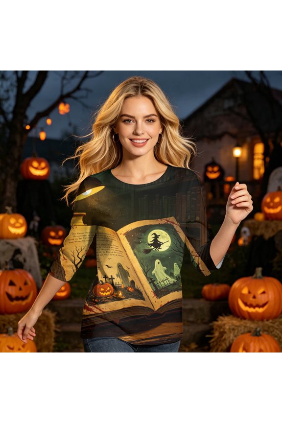 Halloween Tops for Women Castle Moon Crew Neck Funny Blouses Skull Ghost 3/4 Sleeve Spooky T Shirts, S