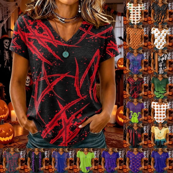 Halloween Tops for Women Fall Funny Halloween Party Graphic Short Sleeve T-Shirt V Neck Thanksgiving Fashion Halloween Costumes Hot Pink XL