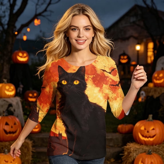 Halloween Tops for Women Moon Spider Web Crew Neck Horror T Shirts Bone Spider 3/4 Sleeve Funny Shirts, 2XL