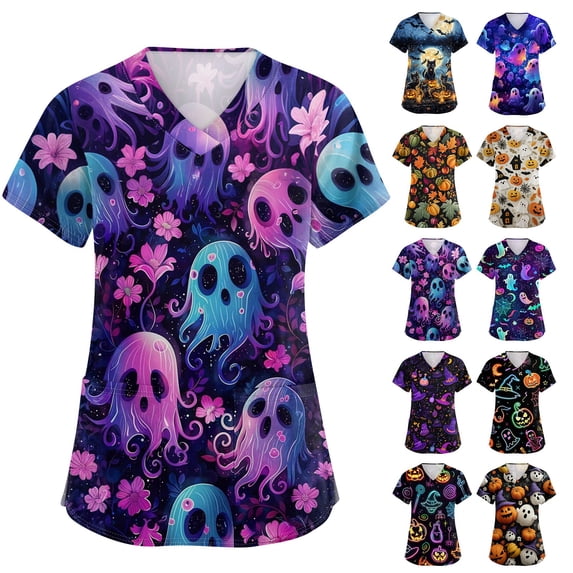 Halloween Tops for Women Plus Size V Neck Short Sleeve Nurse Scrubs Pumpkin Bat Print Medical Uniform with Pockets