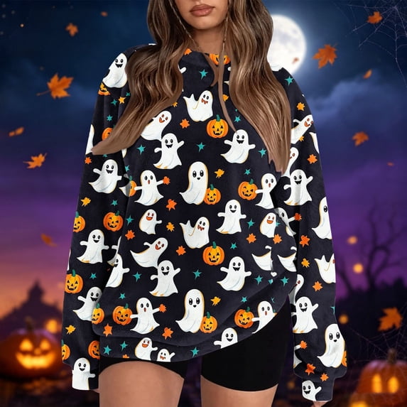 Halloween Tops for Women Pumpkin Graphic Crew Neck Long Sleeve Fashion Funny Party Pullover Top Multicolor 02 XXL