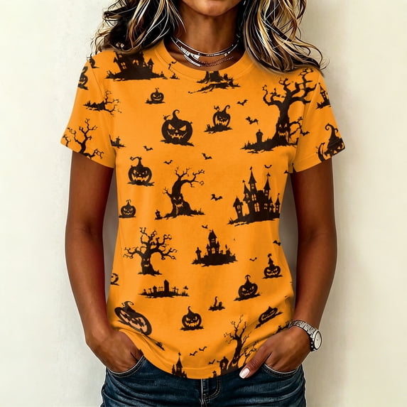 Halloween Tops for Women Short Sleeve Crewneck Witch Print T Shirts Funny Halloween Costume Party Top