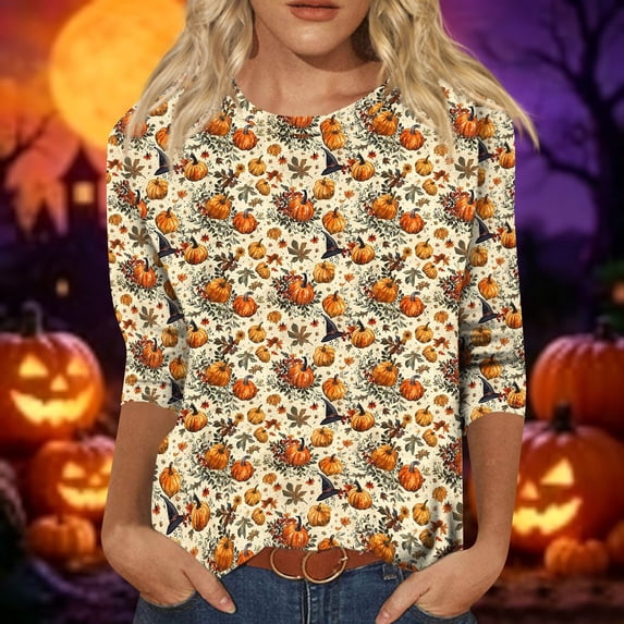 Halloween Tops for Women Skeleton Bat 3/4 Sleeve Spooky Blouses Candy Spider Crew Neck Funny T Shirts, S