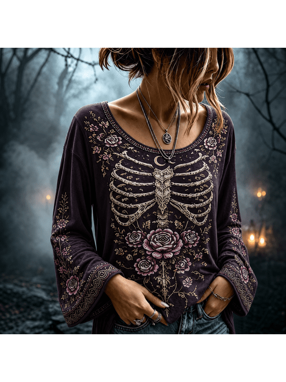 Halloween Tops for Women Skeleton Graphic Bell Sleeve Crewneck Shirt