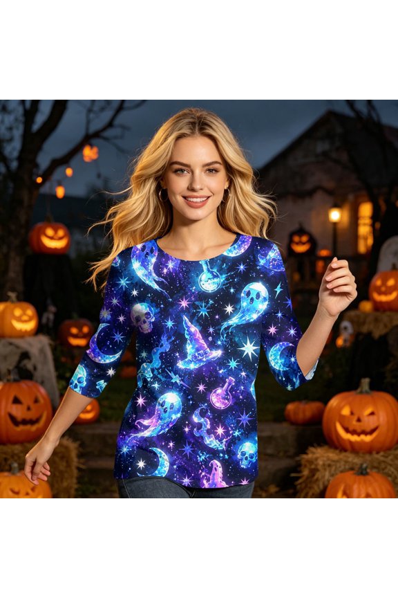 Halloween Tops for Women Skeleton Pumpkin Crew Neck Horror T Shirts Castle Candy 3/4 Sleeve Spooky Shirts, S