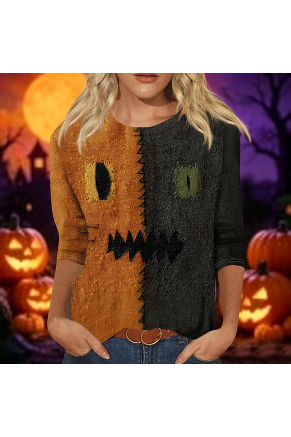 Halloween Tops for Women Skeleton Spider Web 3/4 Sleeve Funny T Shirts Bone Skull Crew Neck Spooky Blouses, S