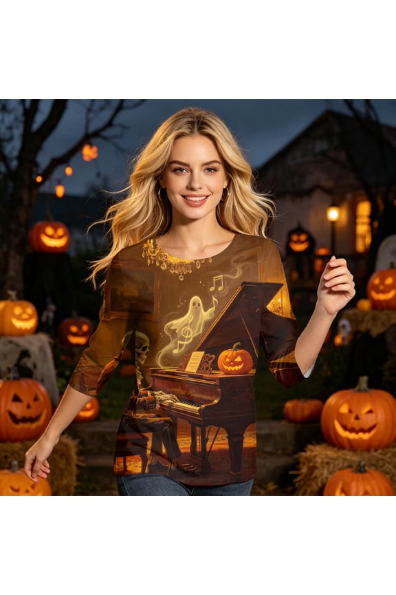 Halloween Tops for Women Spider Pumpkin 3/4 Sleeve Funny T Shirts Candy Bat Crew Neck Spooky Blouses, S