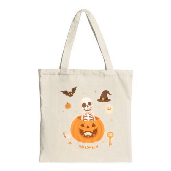 Halloween Tote Bag - Canvas Multifunctional Reusable Shopping Bag with Fun Pumpkin & Skeleton Design Perfect for Parties & Travel