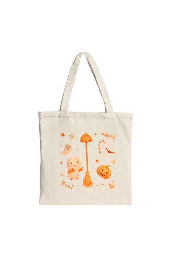 Halloween Tote Bag - Canvas Multifunctional Reusable Shopping Bag with Smiling Ghost Broom - o ' - Lantern & ' Boo ' Design