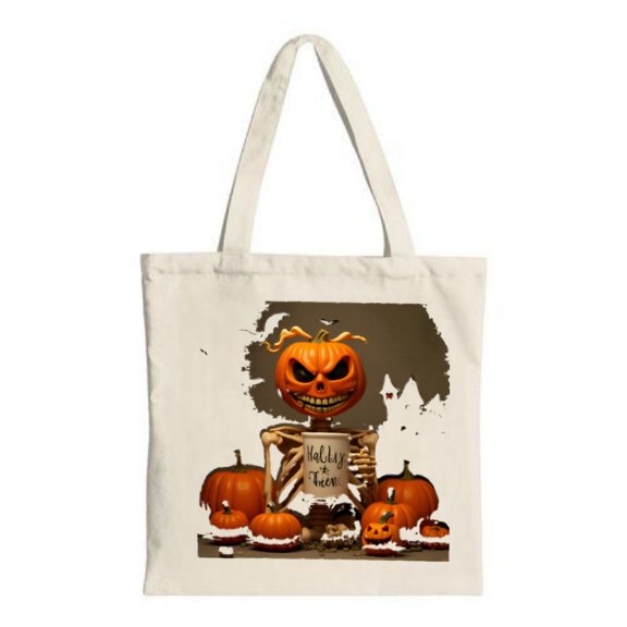 Halloween Tote Bag - Cartoon Skeleton with ' Halloween Boo ' Sign & Pumpkins - Perfect for Parties Travel & Shopping - Reusable Canvas Bag