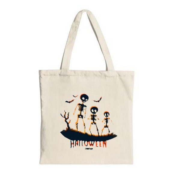 Halloween Tote Bag - Cartoon Skeletons & Bats Design Reusable Canvas Bag for Parties Travel & Shopping Fun & Festive