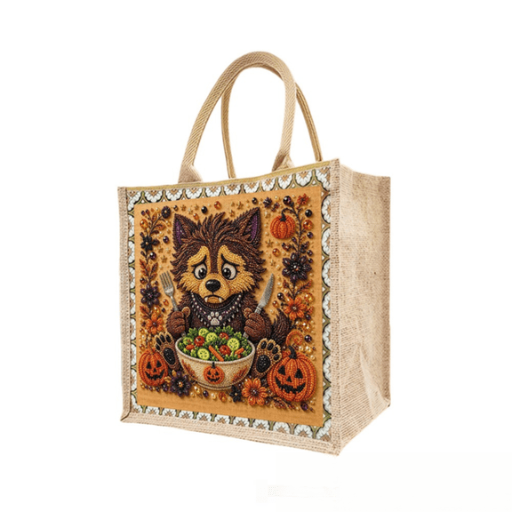 Halloween Tote Bag Featuring Hand-Painted Pearl Diamond Art Design, Durable Jute Construction, and Sturdy Arched Handles for Trick Or Treating, Cute Tote Bag for Party Favors and