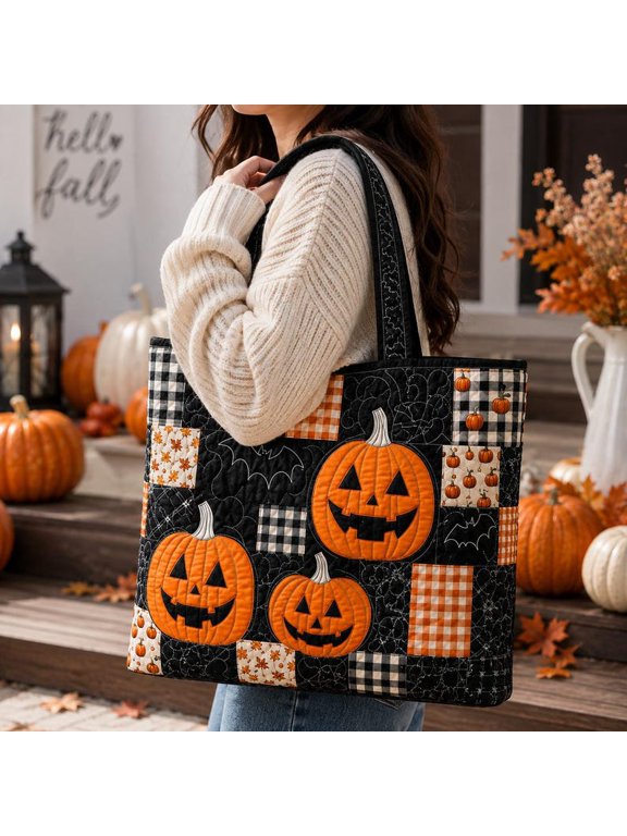 Halloween Tote Bag, Quilted Pumpkin Purse, Fall Patchwork Handbag, Trick Or Treat Bag, Spooky Season Accessory