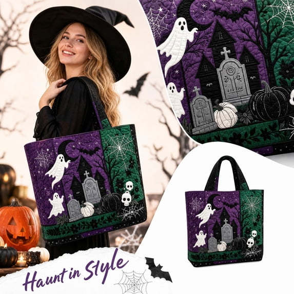 Halloween Tote Bag, Quilted Tote Bag, Trick Or Treat Shoulder Handbag, Large Capacity For Women, Teen Girls And Holiday Events