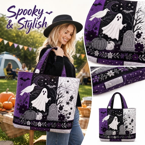 Halloween Tote Bag, Quilted Tote Bag, Trick Or Treat Shoulder Handbag, Large Capacity For Women, Teen Girls And Holiday Events