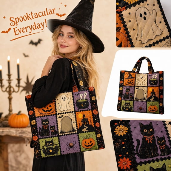 Halloween Tote Bag, Quilted Tote Bag, Trick Or Treat Shoulder Handbag, Large Capacity For Women, Teen Girls And Holiday Events
