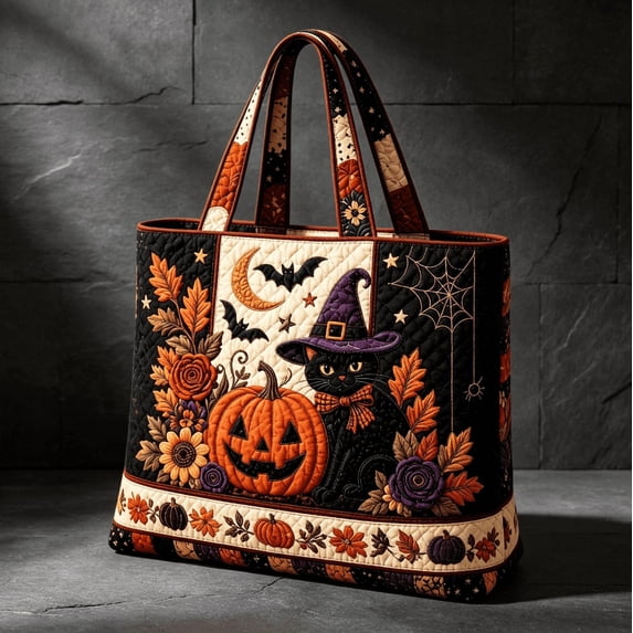 Halloween Tote Bag for Women Quilted Large Shopping Handbag, Black Cat Witch Hat Jack‑O‑Lantern Shoulder Bag, Halloween Fall Holiday Reusable Grocery Tote