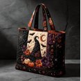 thumbnail image 1 of Halloween Tote Bag for Women Quilted Large Shopping Handbag, Witch Hat Bat Spider Purple Floral Shoulder Bag, Gothic Spooky Halloween Reusable Grocery Tote, 1 of 4