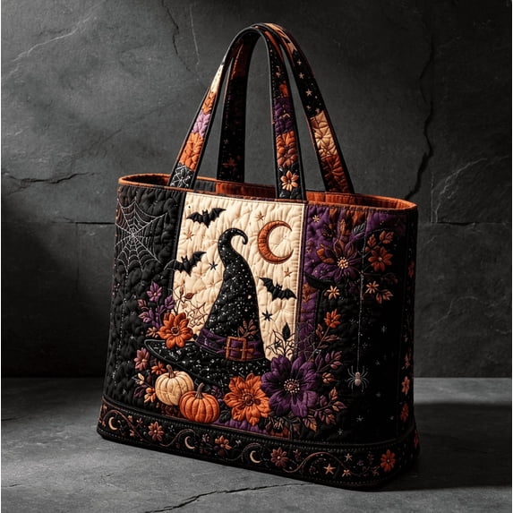 Halloween Tote Bag for Women Quilted Large Shopping Handbag, Witch Hat Bat Spider Purple Floral Shoulder Bag, Gothic Spooky Halloween Reusable Grocery Tote