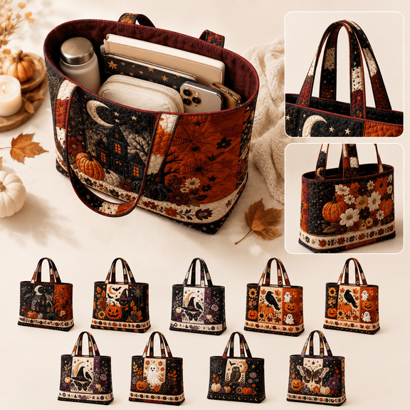 Halloween Tote Bag, Women Quilted Shoulder Bag with Pumpkin Ghost Witch Pattern, Stylish Fall Handbag Large Reusable Canvas Tote for Shopping, Work, Travel and Holiday Accessories