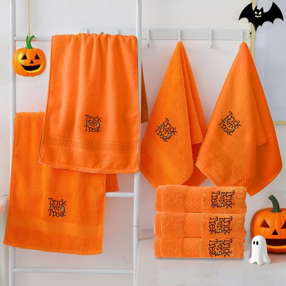 Halloween Towels 3 Piece Set Embroidered Pumpkin Design Soft Cotton Bathroom Towels Indoor Halloween Decorations