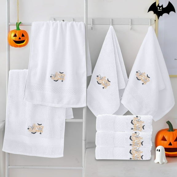 Halloween Towels 3 Piece Set Embroidered Pumpkin Design Soft Cotton Bathroom Towels Indoor Halloween Decorations