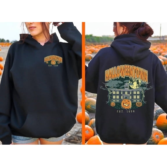 Halloween Town Hooded Sweatshirt Soft Cozy Hoodie, Vintage Trendy Halloweentown Fall Hoodie, Halloween 2 Sided Print Hoodie