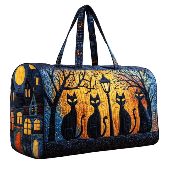Halloween Town Pattern Quilted Travel Duffle Bag, Colorful Haunted House Moon Bat Design Weekender Bag, Portable Handbag for Travel Gym
