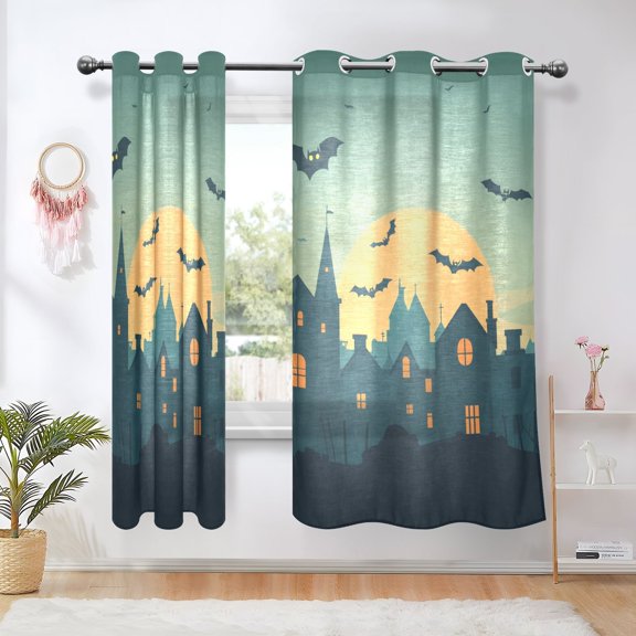 Halloween Towns Blackout Curtains 63 inch Length 2 Panels Window Decoration Curtains for Bedroom Living Room