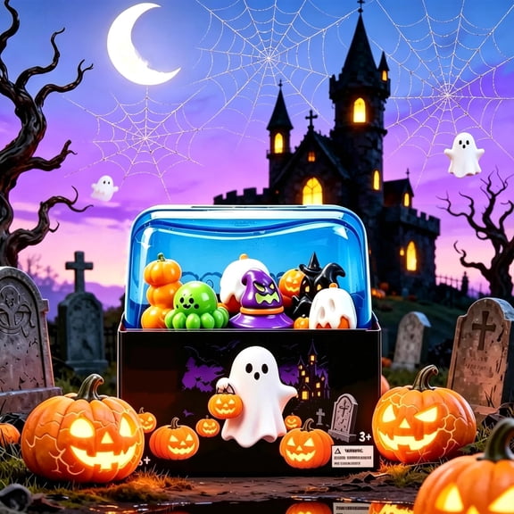 Halloween Toy Squeeze Stress Relief Slow Rising Fidget Sensory Toy with Portable Blue Storage Box Mini Ghost Pumpkin Witch Octopus Figures for Kids Adults Party Favor Classroom Holiday Gift