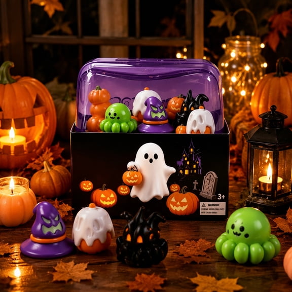 Halloween Toy Squeeze Stress Relief Slow Rising Fidget Sensory Toy with Portable Purple Storage Box Mini Ghost Pumpkin Witch Octopus Figures for Kids Adults Party Favor Classroom Holiday Gift
