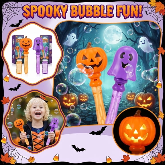 Halloween Toys, Light Up Bubble, Halloween Ghost Themed Handheld Bubble Maker, Bubble Solution 10Ml Included, 10 Inch 80Ml Capacity Display Pack Automatic Bubble Set with 1 Bubble