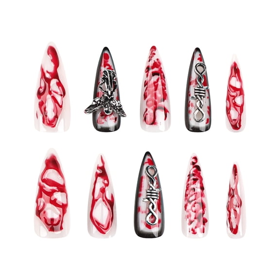 Halloween Translucent White with Red Blood-like Abstract Pattern Press on Nails, Long Stiletto Glossy Finish False Nails with Metal Decorative Accents, 10 Count