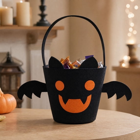 Halloween Treat Bag, Black Reusable Bat Goody Tote Bucket, Portable Felt Basket for Halloween Party Favor Supplies