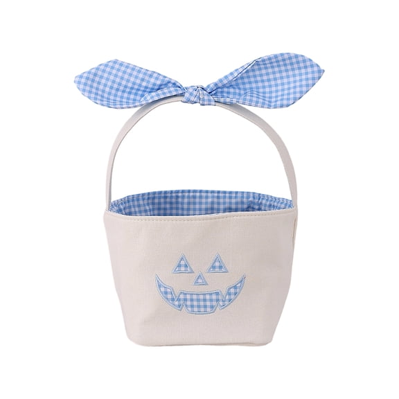 Halloween Treat Bag Blue Gingham Embroidered Jack O Lantern Candy Bag Single Pack for Student Trick Or Treating and Halloween Party Favors